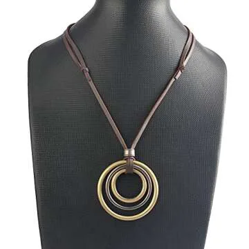 joymiao Brown Necklaces for Women Vintage Alloy Pendant Leather Rope Necklace Long Necklaces for Women Boho Leather Necklace