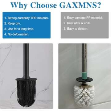 GAXMNS Silicone Toilet Brush and Holder Bendable Efficient Cleaning Wall Mounted Toilet Bowl Brush with Long Handle Brush Head and Silicone Bristles No Rusty Handles Problem (Black)