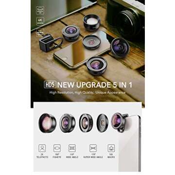 Apexel HD Mobile Phone Camera Phone Lens Set - 10x Macro Lens, 2X Telephoto Lens, 110°Wide Angle, 1...