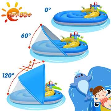 Baby Pool Float with Canopy UPF50+ Sun Protection, 6-24 Months Inflatable Infant Swimming Ring, Bath...