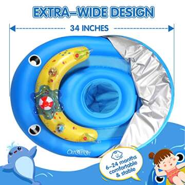 Baby Pool Float with Canopy UPF50+ Sun Protection, 6-24 Months Inflatable Infant Swimming Ring, Bath Floatie, Swimming Pool Accessories, and Toy Play Console with Adjustable Safety Seat