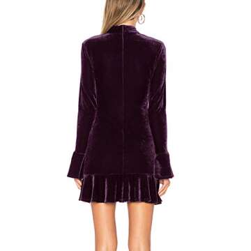 R.Vivimos Women's Winter Long Sleeve Velvet Ruffles Bodycon Mini Dress (Medium, Purple)