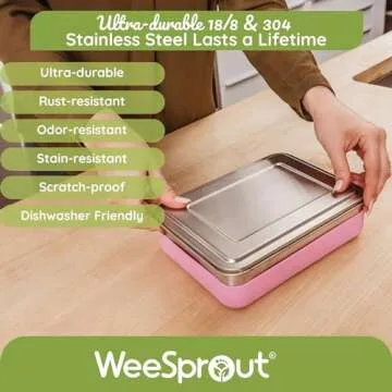 WeeSprout 18/8 Stainless Steel Bento Box (Compact Lunch Box) - 3 Compartment Metal Lunch Containers, for Kids & Adults, Bonus Dip Container, Fits in Lunch Bag & Backpack