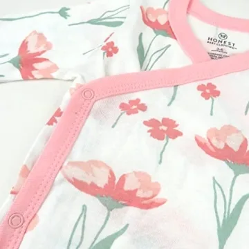 HonestBaby 3-Pack Organic Cotton Long Sleeve Side-Snap Kimono Onesies Bodysuits, Strawberry Pink Floral, 3-6 Months