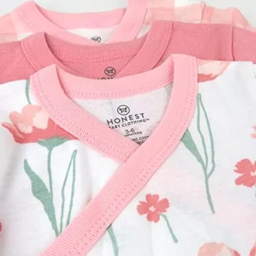 HonestBaby 3-Pack Organic Cotton Long Sleeve Side-Snap Kimono Onesies Bodysuits, Strawberry Pink Floral, 3-6 Months