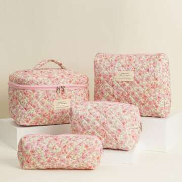 GISMTR 4Pcs Quilted Makeup Bag Set Cute Floral Cosmetic Bag Cotton Coquette Make up Bag Aesthetic Travel Toiletry Bag for Women Girls