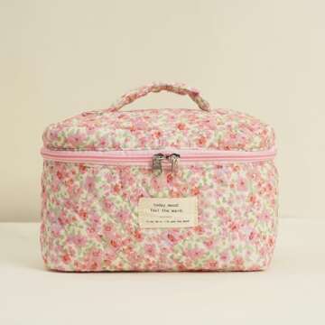 GISMTR 4Pcs Quilted Makeup Bag Set Cute Floral Cosmetic Bag Cotton Coquette Make up Bag Aesthetic Travel Toiletry Bag for Women Girls