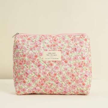 GISMTR 4Pcs Quilted Makeup Bag Set Cute Floral Cosmetic Bag Cotton Coquette Make up Bag Aesthetic Travel Toiletry Bag for Women Girls