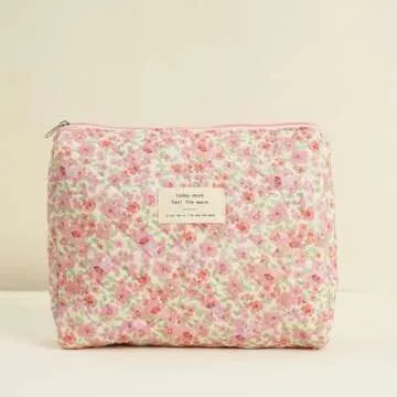 GISMTR 4Pcs Quilted Makeup Bag Set Cute Floral Cosmetic Bag Cotton Coquette Make up Bag Aesthetic Travel Toiletry Bag for Women Girls