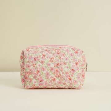 GISMTR 4Pcs Quilted Makeup Bag Set Cute Floral Cosmetic Bag Cotton Coquette Make up Bag Aesthetic Travel Toiletry Bag for Women Girls