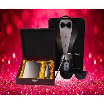 Collins & Co. Groomsmen Gifts Groomsman Proposal Wedding Party Box Set - Flask Set In Wooden Box, Coozie, 80s Retro Sunglasses, Cocktail Straw, Real Bow Tie & Hankerchief Tuxedo Gift Bag