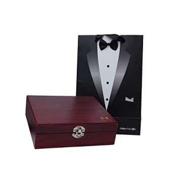 Collins & Co. Groomsmen Gifts Groomsman Proposal Wedding Party Box Set - Flask Set In Wooden Box, Coozie, 80s Retro Sunglasses, Cocktail Straw, Real Bow Tie & Hankerchief Tuxedo Gift Bag