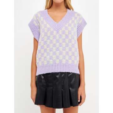 Stylish English Factory Checker Knit Vest for Women