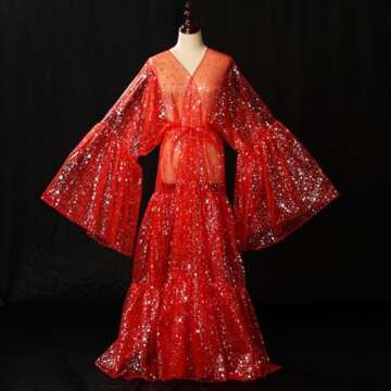 BPURB Women's Bell Sleeve Robe Drag Queen Organza Coat Cosplay Costume Sexy Cover Up