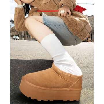 WICDIC Mini Boots For Women Short Ankle Genuine Suede Cozy Mule Platform Sneakers Snow Anti-Slip Boot For Outdoor