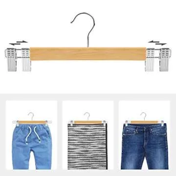 SONGMICS Wooden Pants Hangers 12 Pack, Pants Hangers with Clips, Adjustable Anti-Rust Metal Clips, 360° Swivel Hook, Skirt Hangers for Pant, Skirts, Natural Grain UCRW008-12