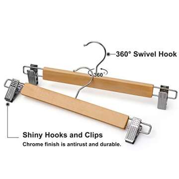SONGMICS Wooden Pants Hangers 12 Pack, Pants Hangers with Clips, Adjustable Anti-Rust Metal Clips, 360° Swivel Hook, Skirt Hangers for Pant, Skirts, Natural Grain UCRW008-12