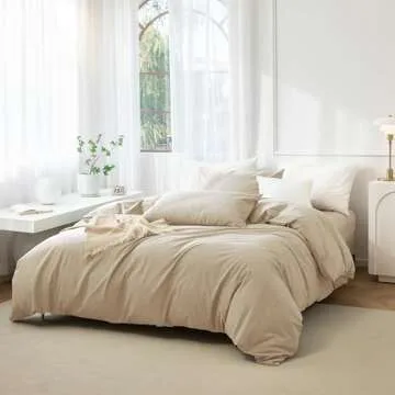 JIYUAN 100% Washed Cotton Duvet Cover Set Comfy Simple Style Soft Breathable Textured Durable Linen ...