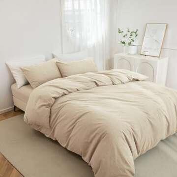 JIYUAN 100% Washed Cotton Duvet Cover Set Comfy Simple Style Soft Breathable Textured Durable Linen Feel Bedding for All Seasons King, Tan