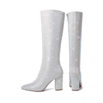 olomisa Womens Rhinestone Knee High Boots Sparkly Glitter Stiletto boots Western Cowboy Booties Wedd...