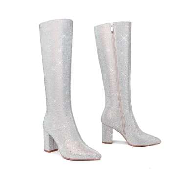 olomisa Womens Rhinestone Knee High Boots Sparkly Glitter Stiletto boots Western Cowboy Booties Wedding party shoes