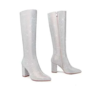 olomisa Womens Rhinestone Knee High Boots Sparkly Glitter Stiletto boots Western Cowboy Booties Wedding party shoes