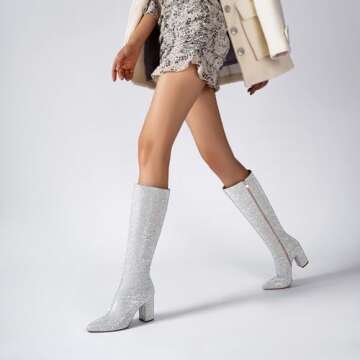 olomisa Womens Rhinestone Knee High Boots Sparkly Glitter Stiletto boots Western Cowboy Booties Wedding party shoes