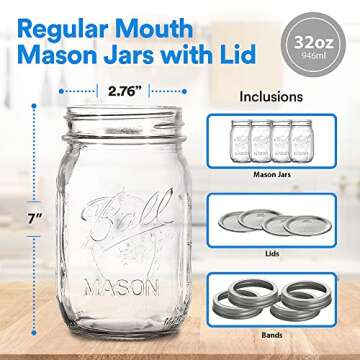 Regular Mouth Mason Jars 32 oz. (4 Pack) - Quart Size Jars with Airtight Lids and Bands - Made in USA - for Canning, Fermenting, Pickling, or DIY Decors and Projects - Bundled with Jar Opener