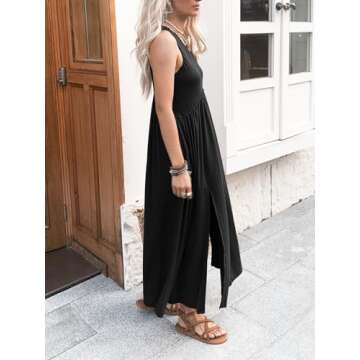 Mieazom Women's Maxi Dress Summer Sleeveless Crewneck Swing Sundress Casual Loose Long Dresses with Pockets Black L