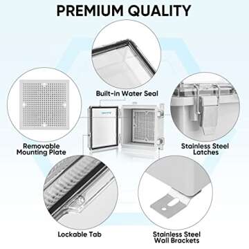 TICONN Waterproof Electrical Junction Box IP67 ABS Plastic Enclosure with Hinged Cover with Mounting Plate, Wall Brackets, Cable Glands (Clear, 5.9"x5.9"x3.5")