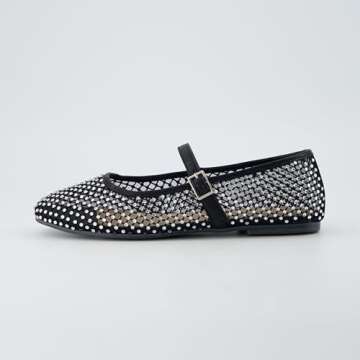 CUSHIONAIRE Women's Maxie Rhinestone Mesh Flat +Memory Foam and Wide Widths Available, Black 6