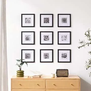 eletecpro 10x10 Picture Frames Set of 9 Classic Gallery Wall Frame Set, Displays 5x5 or 10x10 without Mat, Black Picture Frames Collage Wall Decor, Square Frames for Home Decor