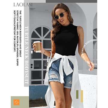 LAOLASI Women's Turtleneck Sleeveless Slim Fit Basic Bodysuit Daily Shirts, BK, XS
