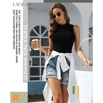 LAOLASI Women's Turtleneck Sleeveless Slim Fit Basic Bodysuit Daily Shirts, BK, XS