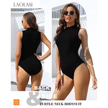 LAOLASI Women's Turtleneck Sleeveless Slim Fit Basic Bodysuit Daily Shirts, BK, XS