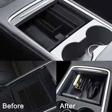 Boekey Center Console Organizer Tray for Tesla Model 3/Y 2020-2023- Armrest Hidden Cubby Drawer Storage Box, Upgrade Interior Accessories Tray for Tidy Collection of Keys, Sunglasses, Cards (2PCS)
