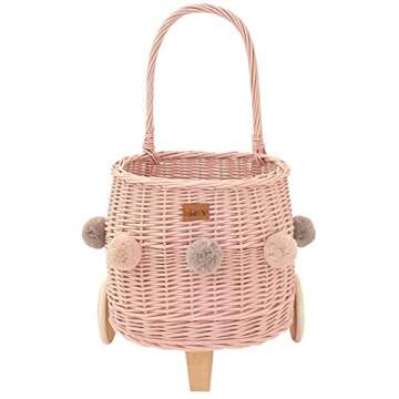 WIKLIBOX Rattan Pully Toy Basket - Handcrafted European Wicker Luggy Toy Storage - Natural, Durable & Stylish Organizer - Perfect for Kids' Rooms, Nurseries & Playrooms | Pink with Pom Poms