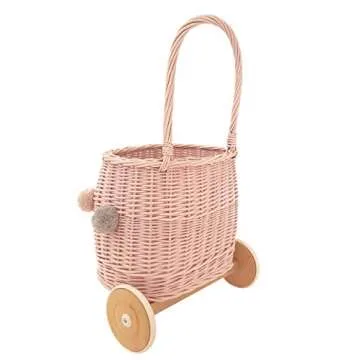 WIKLIBOX Rattan Pully Toy Basket - Handcrafted European Wicker Luggy Toy Storage - Natural, Durable & Stylish Organizer - Perfect for Kids' Rooms, Nurseries & Playrooms | Pink with Pom Poms