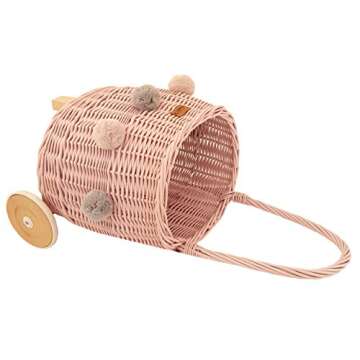 WIKLIBOX Rattan Pully Toy Basket - Handcrafted European Wicker Luggy Toy Storage - Natural, Durable & Stylish Organizer - Perfect for Kids' Rooms, Nurseries & Playrooms | Pink with Pom Poms