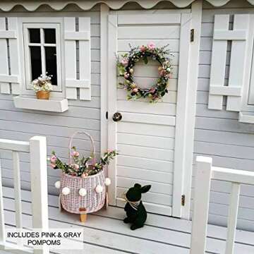 WIKLIBOX Rattan Pully Toy Basket - Handcrafted European Wicker Luggy Toy Storage - Natural, Durable & Stylish Organizer - Perfect for Kids' Rooms, Nurseries & Playrooms | Pink with Pom Poms