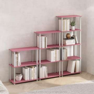 Furinno Turn-N-Tube Multipurpose Shelf / Display Rack / Storage Shelf / Bookshelf, 5-Tier Round Tube, Pink/White