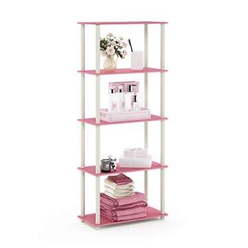 Furinno Turn-N-Tube Multipurpose Shelf / Display Rack / Storage Shelf / Bookshelf, 5-Tier Round Tube, Pink/White