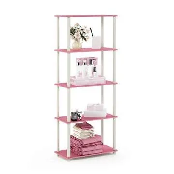 Furinno Turn-N-Tube Multipurpose Shelf / Display Rack / Storage Shelf / Bookshelf, 5-Tier Round Tube, Pink/White