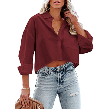 Tankaneo Womens Button Down Cropped Shirts Long Sleeve Casual Crop Tops Solid Lapel Blouse Shirt wit...