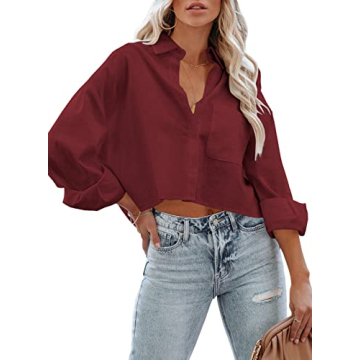 Tankaneo Womens Cropped Button Down Shirt Stylish Comfort