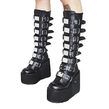 SANCARDY Womens Platform Knee High Goth Boots Round Top Back Zip Chunky Wedges Heel Punk Combat Boots Mid Calf Motorcycle Cosplay Shoes