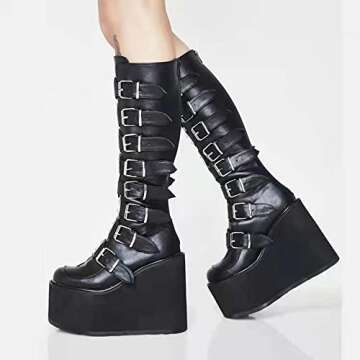 SANCARDY Womens Platform Knee High Goth Boots Round Top Back Zip Chunky Wedges Heel Punk Combat Boots Mid Calf Motorcycle Cosplay Shoes