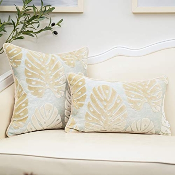 Alerfa 20 x 20 Inch Square Leaf Pillow Embroidery Cut Velvet Cushion Case Luxury Modern Lumbar Throw Pillow Cover Decorative Pillow for Couch Sofa Living Room Bedroom Car, Beige