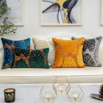 Alerfa 20 x 20 Inch Square Leaf Pillow Embroidery Cut Velvet Cushion Case Luxury Modern Lumbar Throw Pillow Cover Decorative Pillow for Couch Sofa Living Room Bedroom Car, Beige