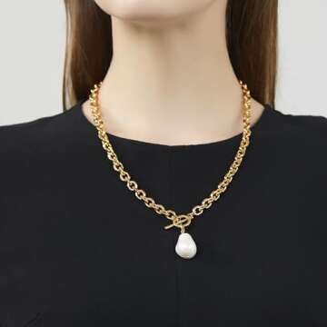 HUONGWIN Chunky Gold Choker Toggle Clasp Baroque Pearl Necklace For Women Trendy 14k Plated Anchor Link Chain Charm Pendant Necklaces